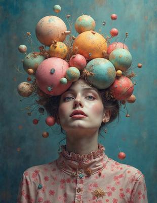 The primary subject of the image is a woman with a unique and artistic hairstyle. She has a head full of colorful balls, giving her a whimsical and creative appearance. The setting is a room with a blue wall, which serves as the backdrop for the woman's hairstyle. The visual style of the image is a combination of photo and digital art, creating a vibrant and eye-catching scene. The colors and mood of the image are lively and cheerful, with the woman's hairstyle being the main focus and source of visual interest.